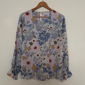 Floral Long-Sleeve Blouse in Light Blue and Pink